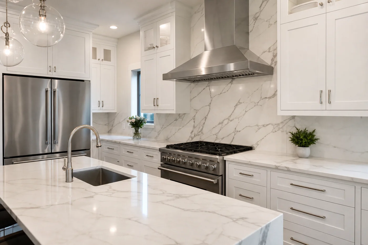 Clean white marble kitchen