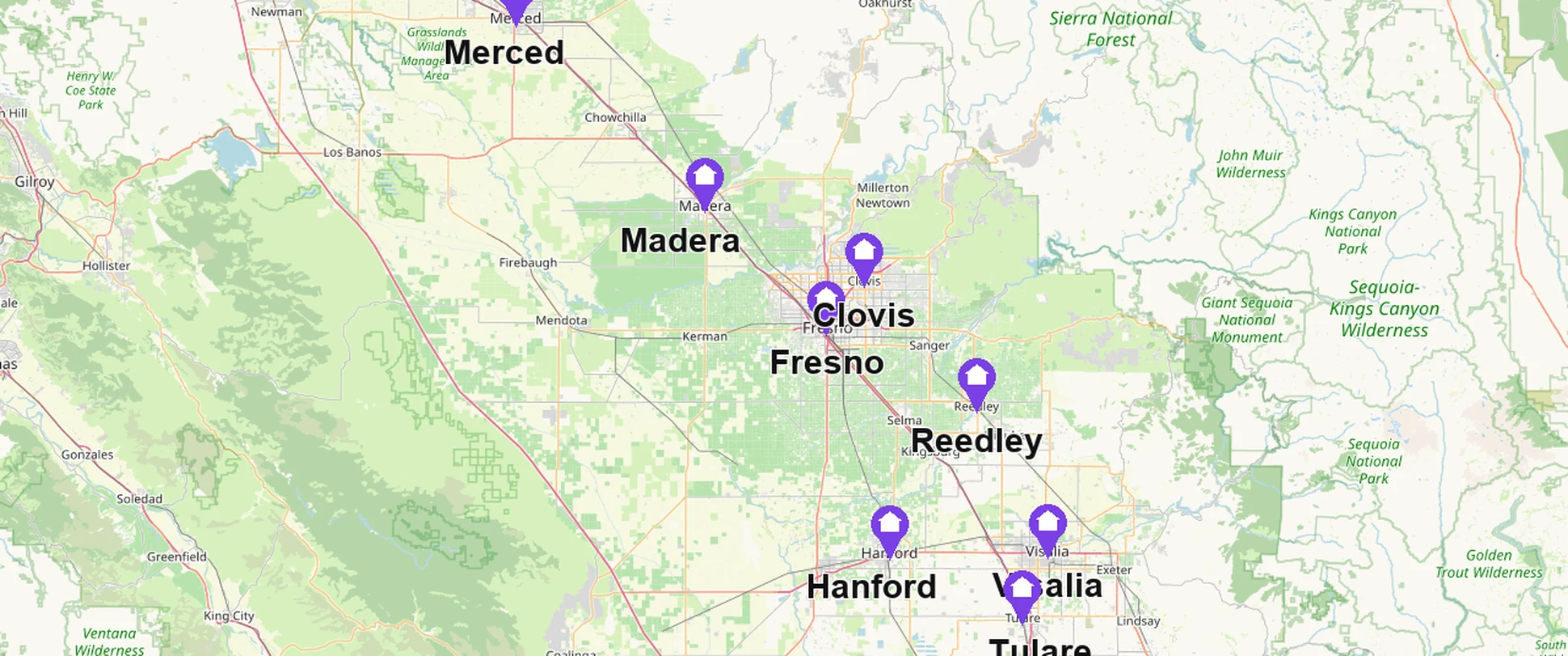 Map showing Fresno and Central Valley service areas